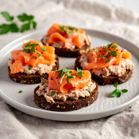 Sandwiches with smoked salmon and parsley on a plate.の素材