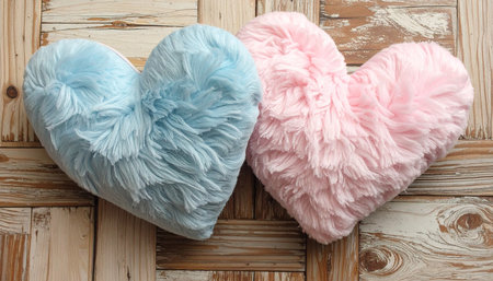 Colorful heart pillow on wooden background, valentine day conceptの素材