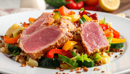 Salad with quinoa, tuna and vegetables on plate, closeupの素材