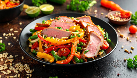 Salad with beef, vegetables and sesame seeds. Healthy foodの素材