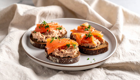Sandwiches with salmon and cream cheese on a plate on a light backgroundの素材
