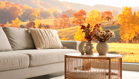 Interior of modern living room with beautiful autumn landscape. 3D renderingの素材