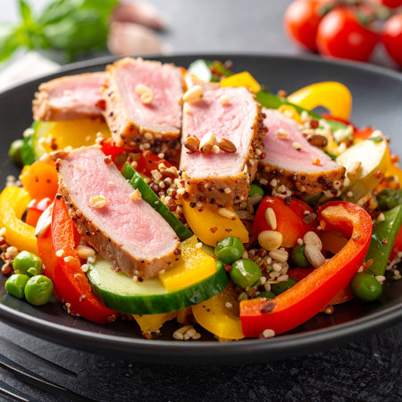 Tuna salad with quinoa, fresh vegetables and pine nuts.の素材