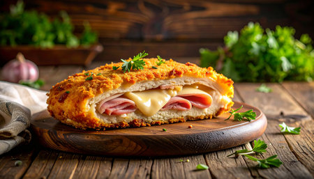 Cordon bleu with ham, cheese and parsley on wooden backgroundの素材