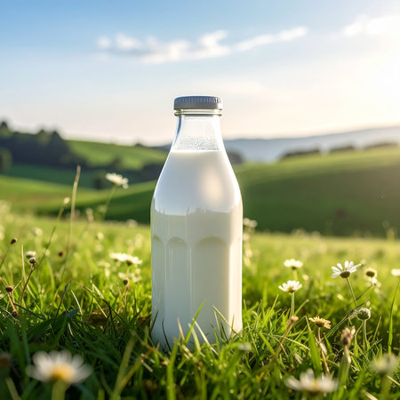 Bottle of milk on the green meadow with camomilesの素材
