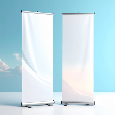 Roll up banner stand display with blue sky background. 3d renderの素材