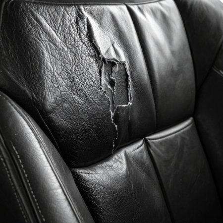 Black leather sofa with hole in the seat. Black and white.の素材