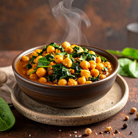Chickpea curry with spinach in ceramic bowl on rusty backgroundの素材