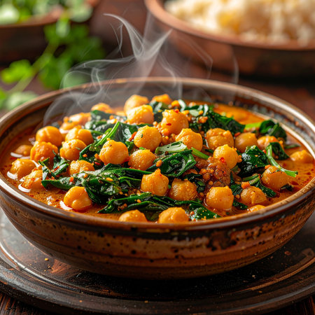 Chickpea curry with spinach and chickpeas in bowlの素材
