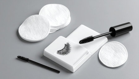 Mascara and brush for eyelashes on a gray background.の素材