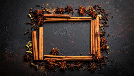 Cinnamon sticks, star anise and cardamom on dark backgroundの素材