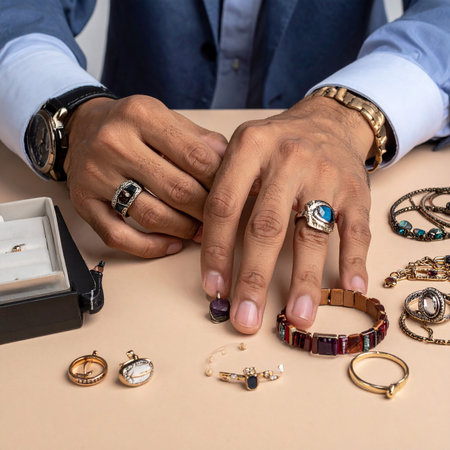 Close up of a male jeweler working on a pair of ringsの素材