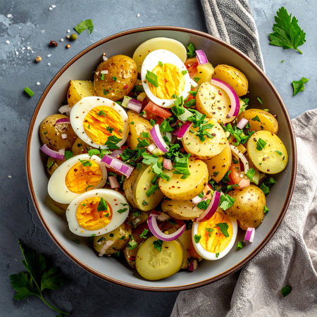 Potato salad with boiled eggs, red onion and parsley. Healthy food concept.の素材