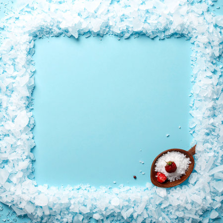 Frame with ice crystals and strawberries on blue background. Copy space.の素材