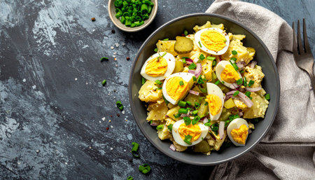 Potato salad with boiled egg, green onion and mayonnaise in bowl over stone background. Top view with copy spaceの素材
