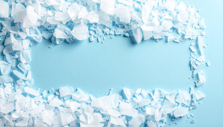 Pieces of broken white paper on blue background, space for textの素材