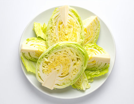 Cabbage with cheese on white background, top view. Healthy foodの素材