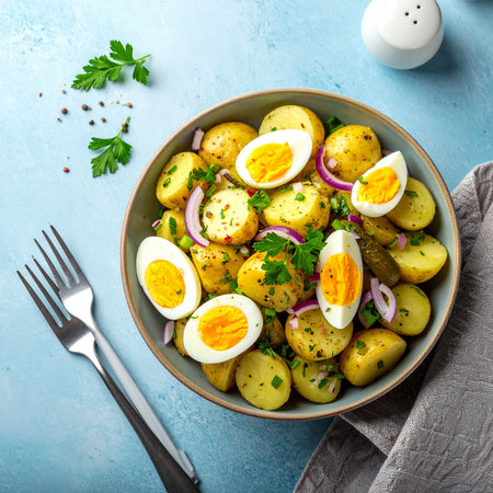 Potato salad with boiled egg, parsley and onion in bowl over blue stone background. Top view, flat layの素材
