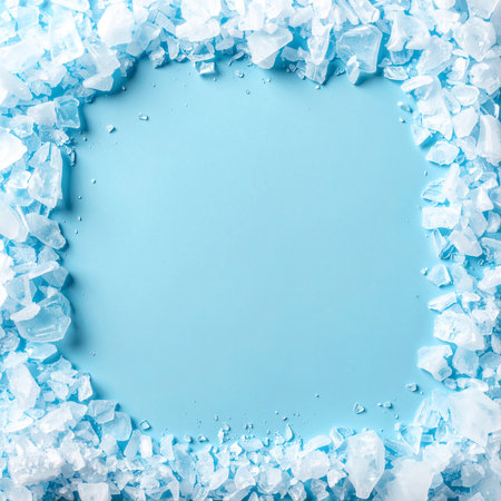 Frame made of ice cubes on blue background. Flat lay, top view.の素材