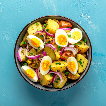 Potato salad with smoked salmon, boiled egg, red onion and parsley in bowl on blue background, top viewの素材