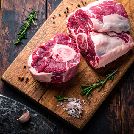 Raw meat with spices and herbs on a cutting board. Top viewの素材