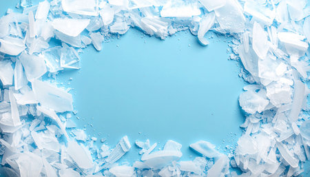 Pieces of broken ice on a blue background. Copy space.の素材