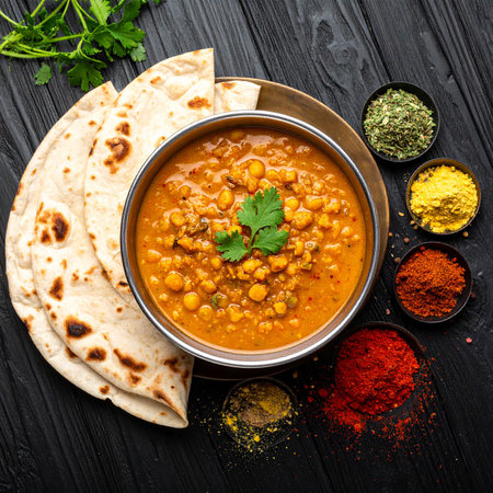 Chickpea curry with naan bread and spices on black wooden backgroundの素材
