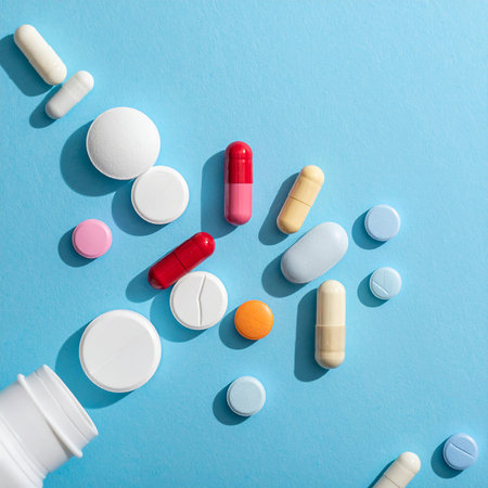 Assorted pharmaceutical medicine pills, tablets and capsules on blue background.の素材
