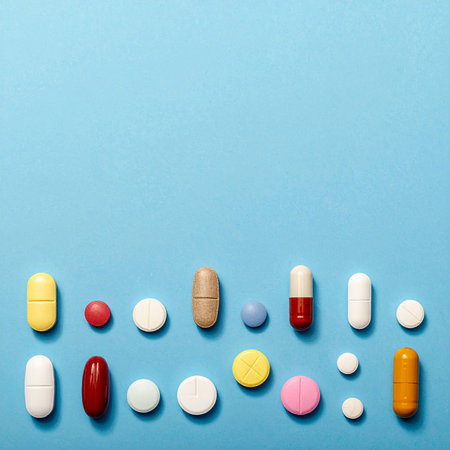 Assorted pharmaceutical medicine pills, tablets and capsules on blue background.の素材