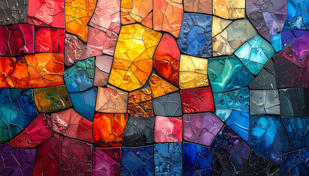 Colorful stained glass mosaic wall background. Multicolor mosaic texture.の素材