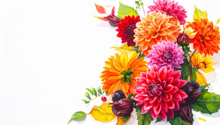 Colorful dahlia flowers on white background with copy space.の素材
