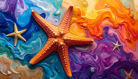 Starfish on the background of oil paint. Colorful background.の素材