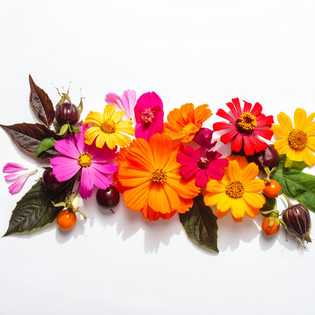 Colorful autumn flowers on white background. Flat lay, top viewの素材