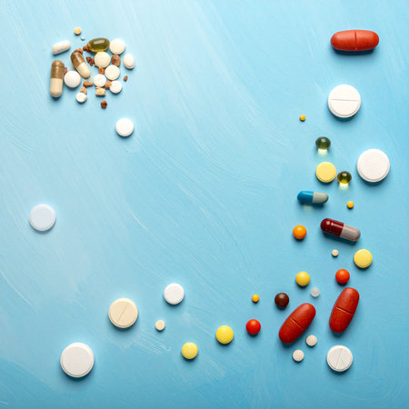 Assorted pharmaceutical medicine pills, tablets and capsules over blue background.の素材