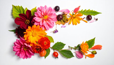 Colorful autumn flowers on white background. Flat lay, top viewの素材