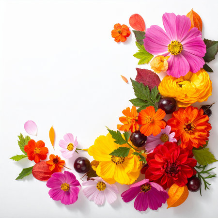 Colorful autumn flowers on white background. Flat lay, top viewの素材