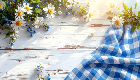 Blue and white tablecloth with daisies on white wooden backgroundの素材