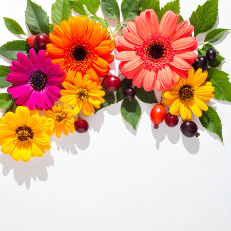 gerbera flowers and berries on a white background with copy spaceの素材