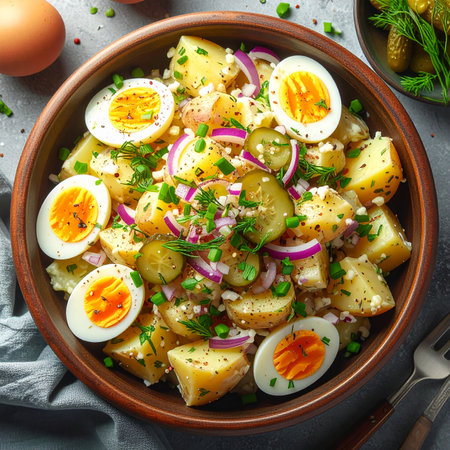 Potato salad with boiled eggs, green onions and dill.の素材