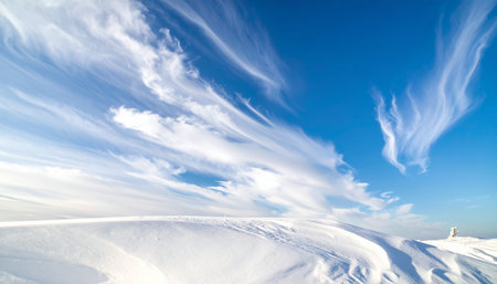 Winter landscape with snow and blue sky. Panoramic view.の素材