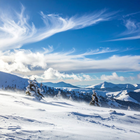 Beautiful winter landscape with snow covered trees and blue sky with cloudsの素材