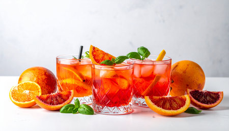 Red orange lemonade with mint and ice in glasses on white backgroundの素材