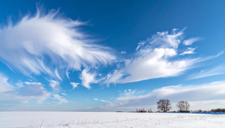 Beautiful winter landscape with snow covered field and blue sky with cloudsの素材