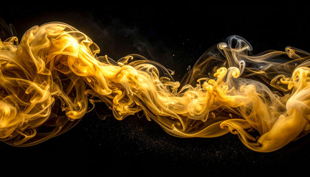 Yellow coloured smoke on a black background. Background from the smoke of vapeの素材