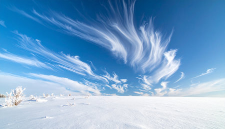 beautiful winter landscape with snow-covered field and blue sky with cloudsの素材