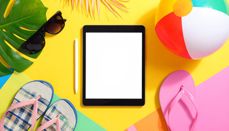 Flat lay composition with tablet, sunglasses and beach items on colorful backgroundの素材