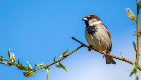 Sparrow sits on a branch of a willow against the blue skyの素材