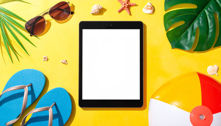 Tablet pc with blank screen and summer accessories on yellow background.の素材