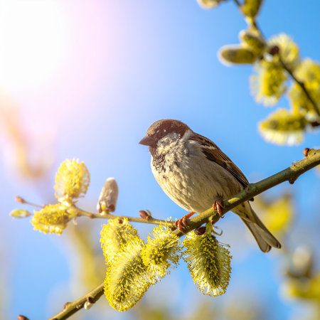 Sparrow sits on a branch of a blooming willowの素材
