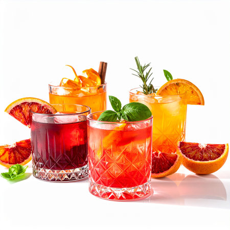 Three glasses of red cocktail with orange, mint and ice on white backgroundの素材